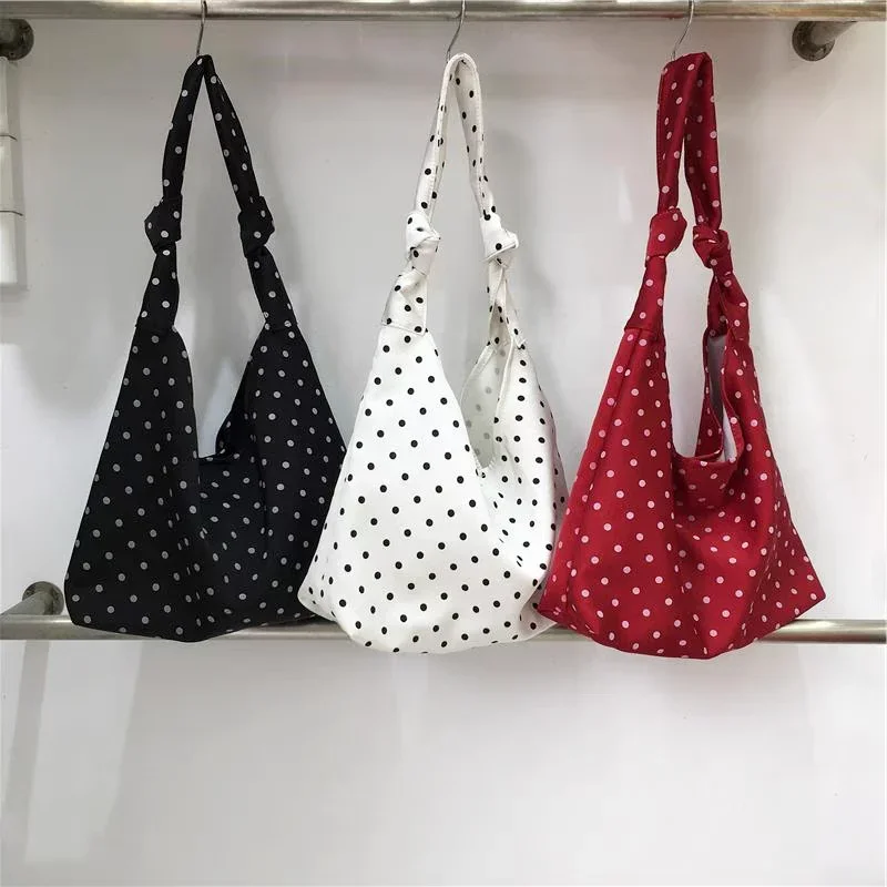 

Korean Japanese style polka dot Shoulder Bag Floral Girls Tote Bag with Bow Tie Canvas bucket Bags for Youth Casual Shopping Bag