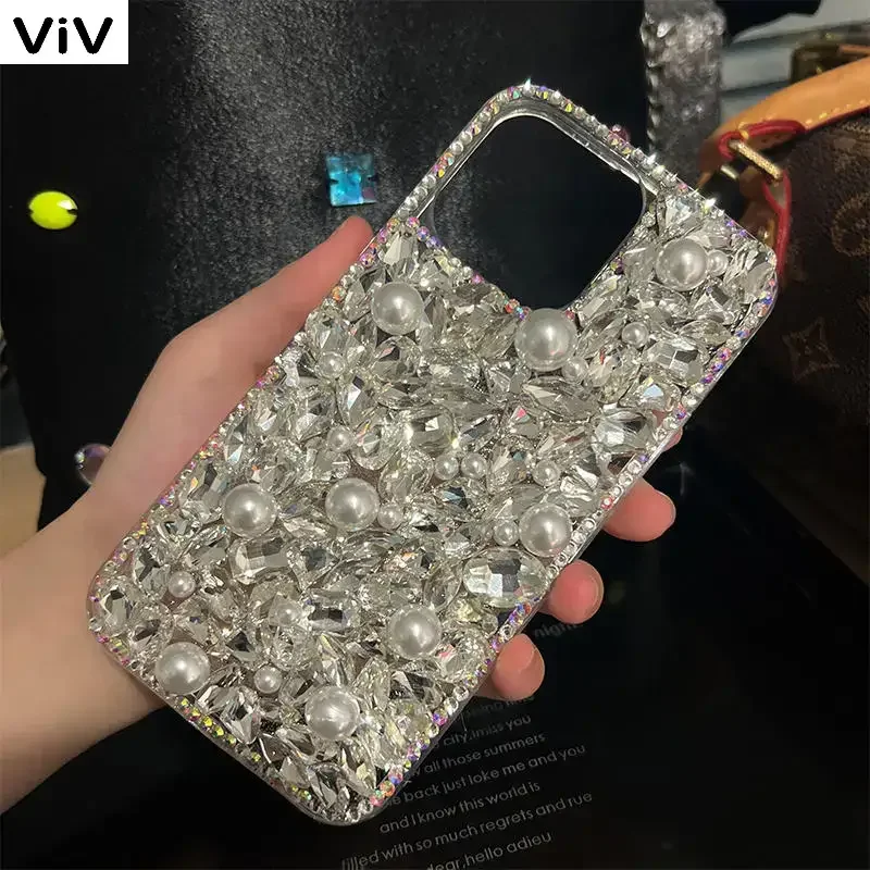 Silver Color Glitter Diamond Case For iPhone 11 12 13 14 15 16 Pro Max 16 Plus XS XR Fashion Rhinestone Pearls Shiny Back Cover