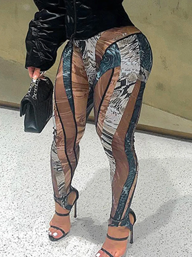 Weird Puss Contrast Print Pants Women Thin Elastic Waist Autumn Trend Serpentine Patchwork Streetwear Skinny Classic Bottoms