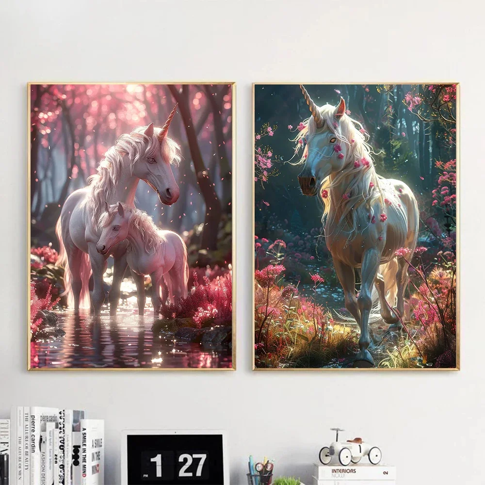 Modern Colorful Fairytale Unicorn in Forest Posters Magical Dreamy Horse Prints Canvas Printing Wall Art Picture Hoom Rome Decor