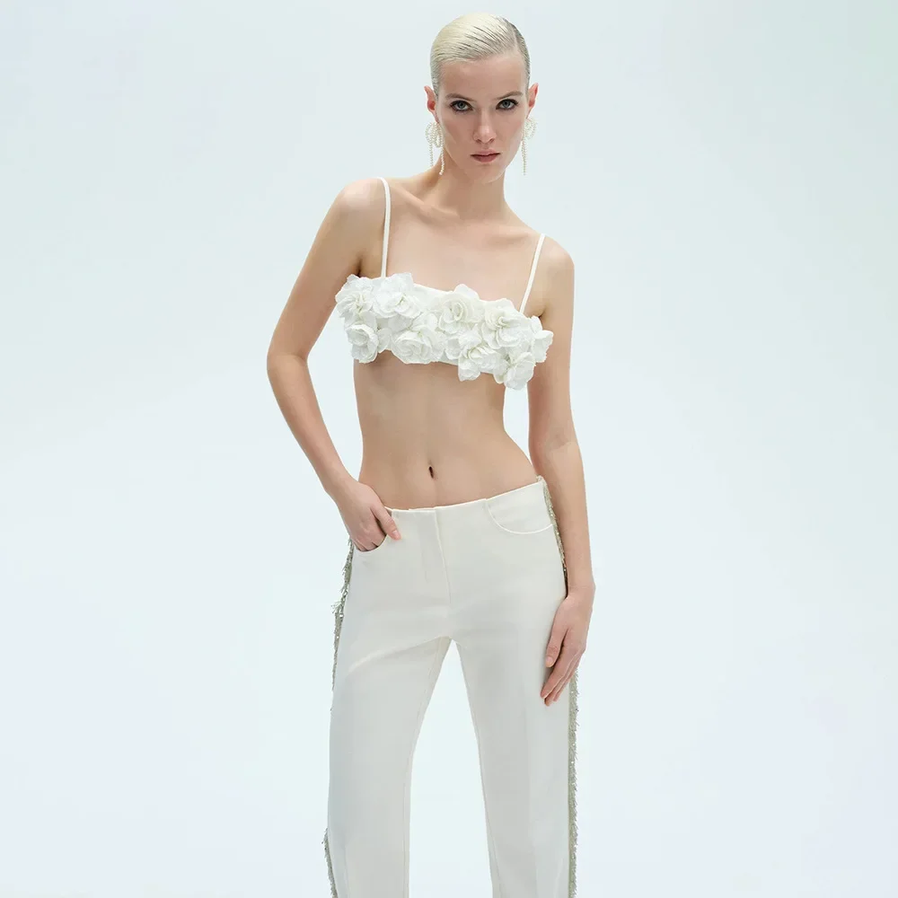 

Women's Fashion Casual 2-Piece Set White Fringe Beaded Straight Leg Trousers 3D Floral Embroidery Elegant Underwear Clothing