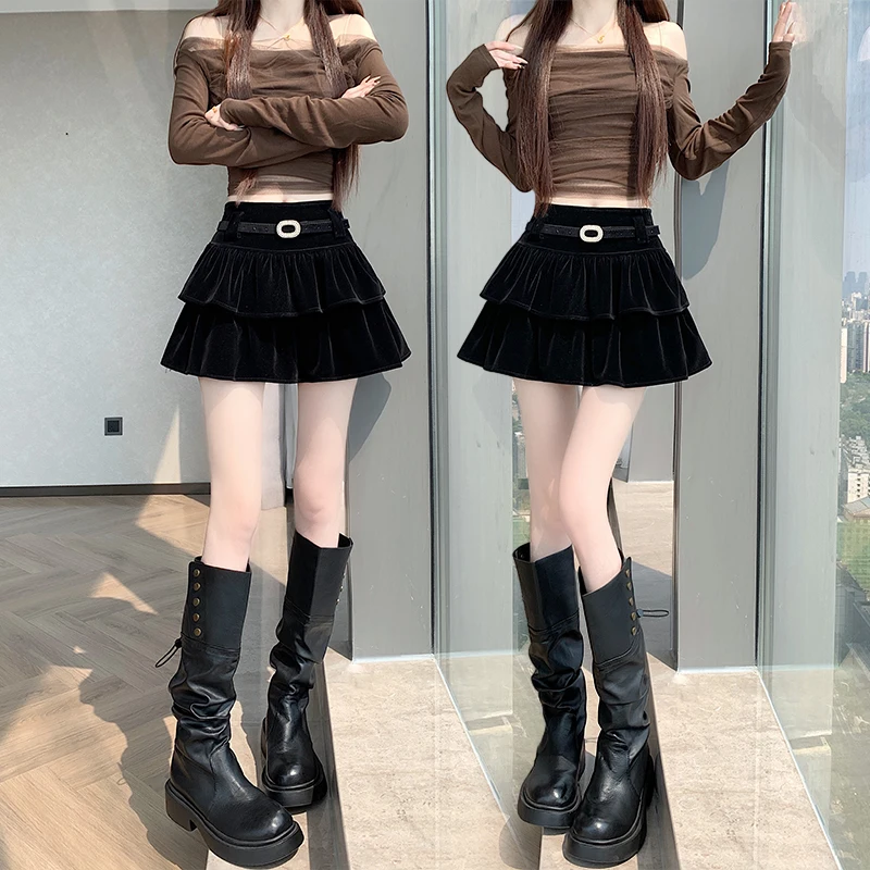 Women 2026 Fall Winter Velvet Tiered Skirt High Waist A-line Mini Cake Skirt With Belt Sweet Hot Girl Puff Skort