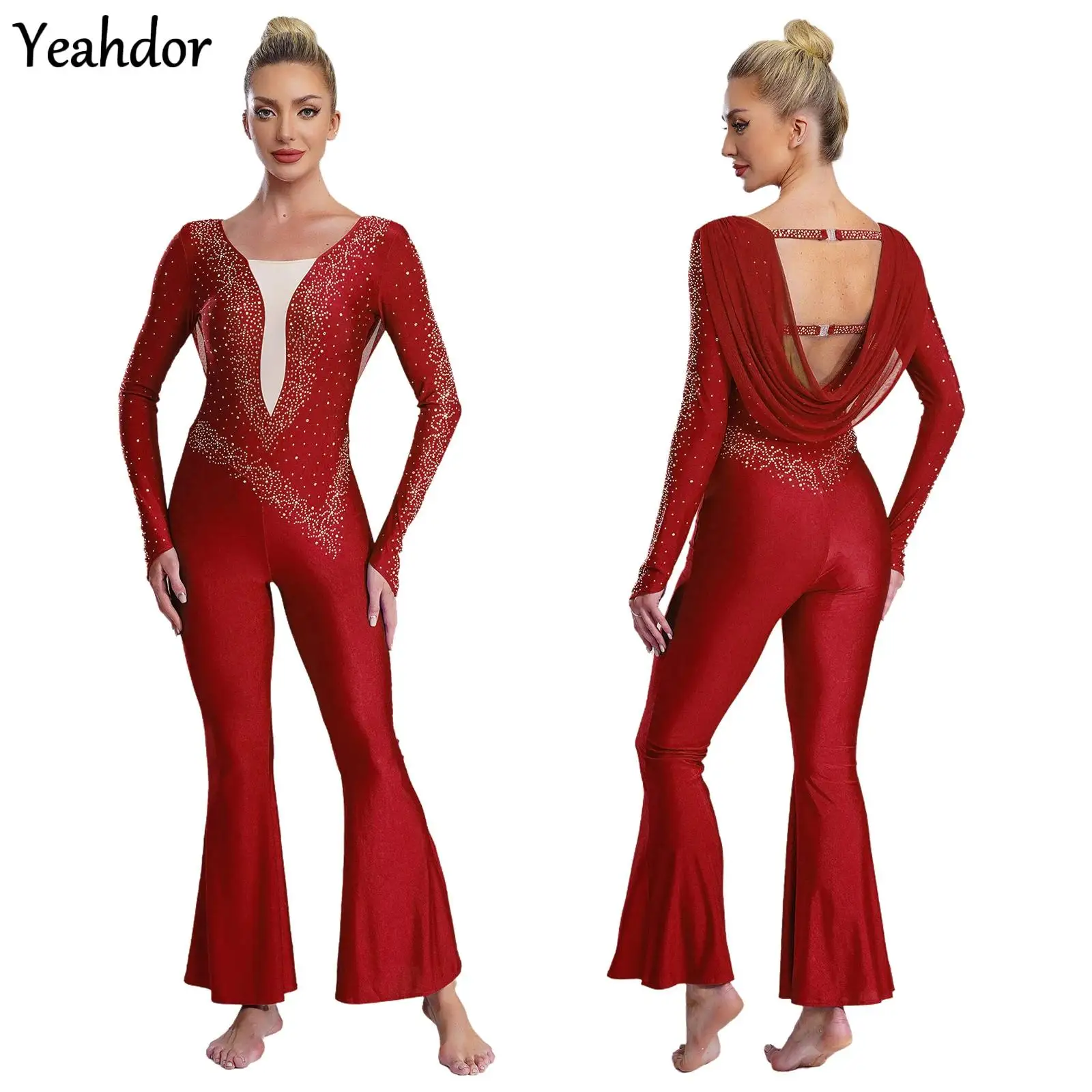 

Women Dance Jumpsuit Shiny Rhinestone Gymnastics Unitard Latin Dance Rompers Long Sleeve Mesh Bell Bottom Pants Skating Costumes