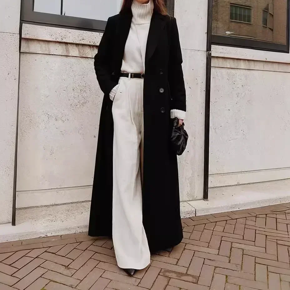 Women Autumn Winter Tweed Coat Wool Coat Turndown Collar Button Pockets Long Sleeve Casual Fashion Warm Comfortable Regular Fit