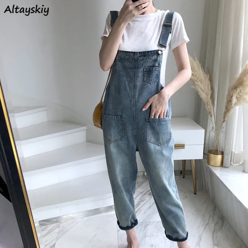 Denim Suspenders Loose Ankle-length Jumpsuits Pockets Sweet Japanese Style Kawaii Girls Casual Simple Spring Summer Student Chic