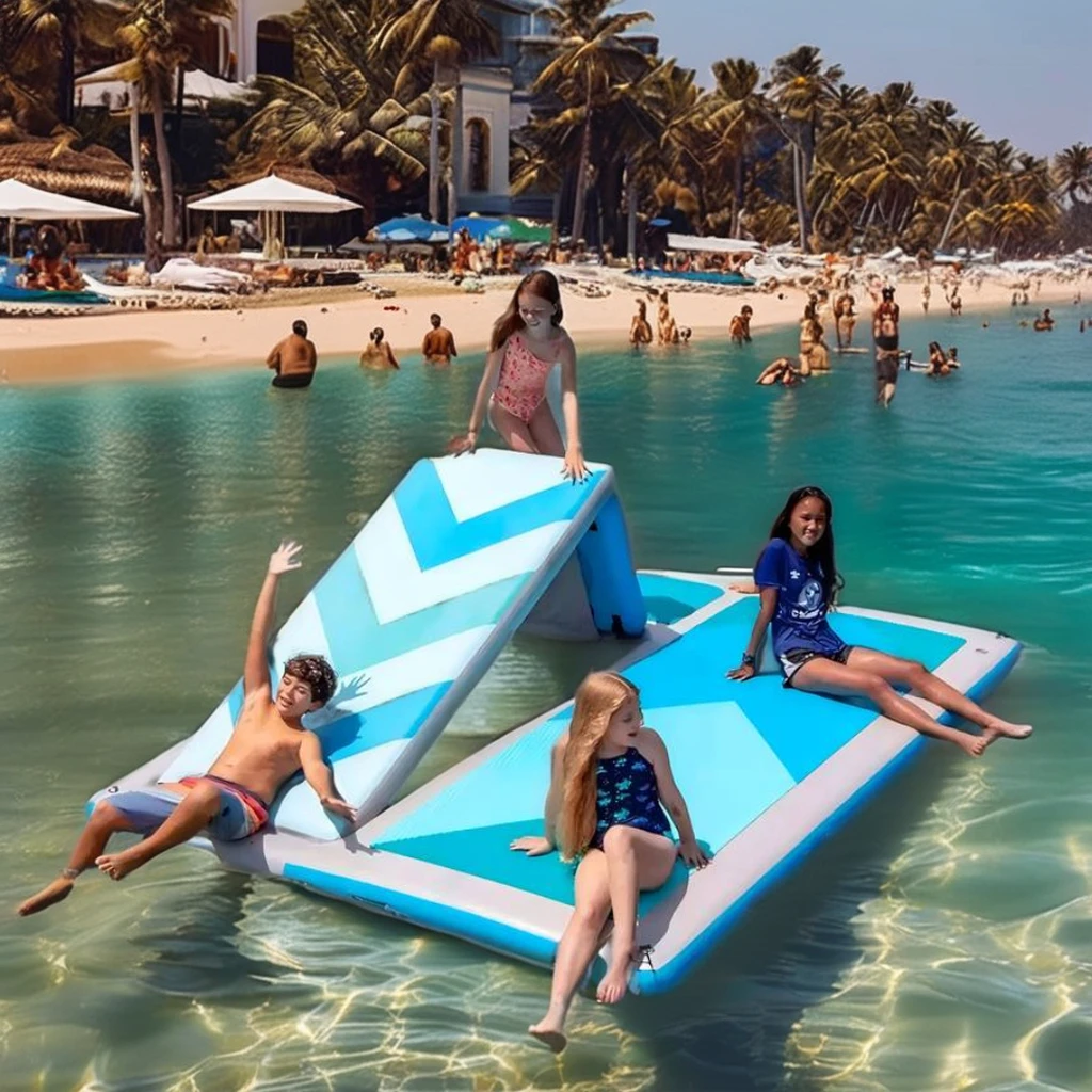 مادة PVC متينة منصة مياه خارجية عائمة قابلة للنفخ مع شريحة لعوب يطفو #6