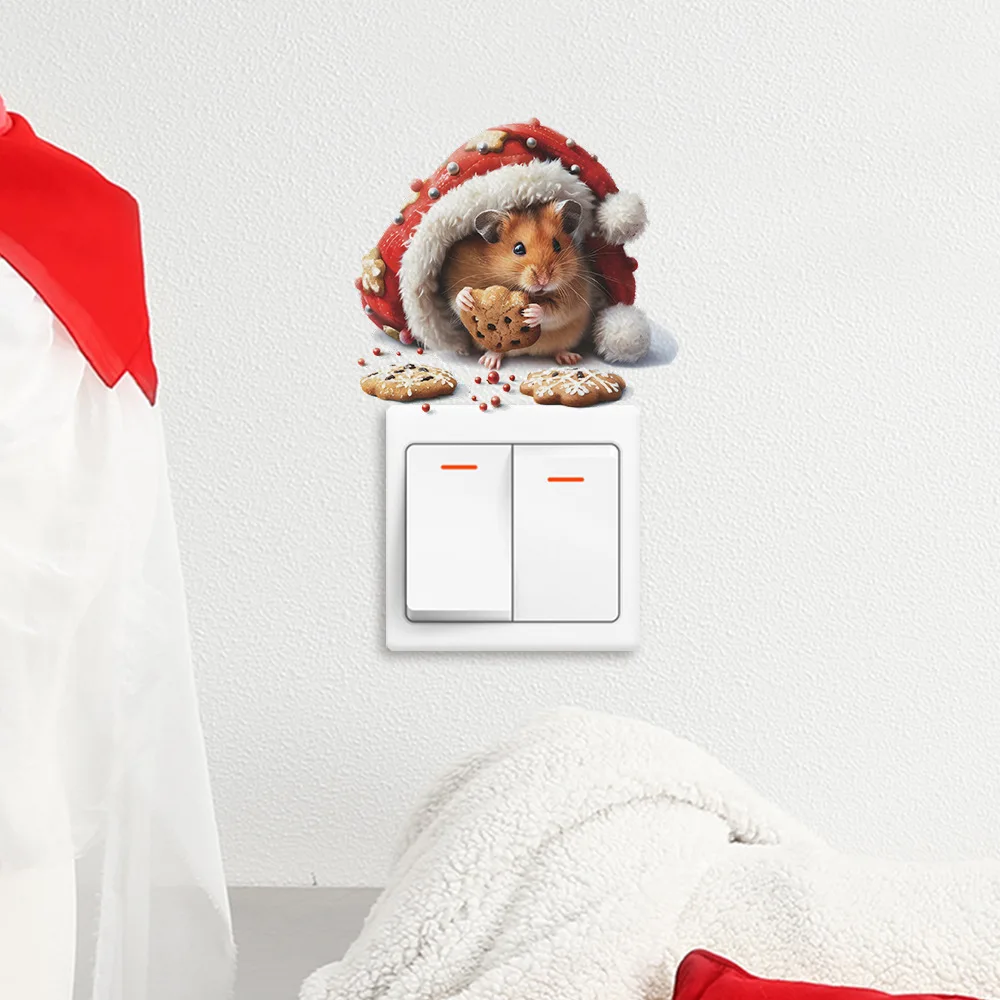 Christmas Hat Little Mouse Switch Sticker Living Room Decoration Socket Mural Festival Home Decor Self-adhesive New Year Decals