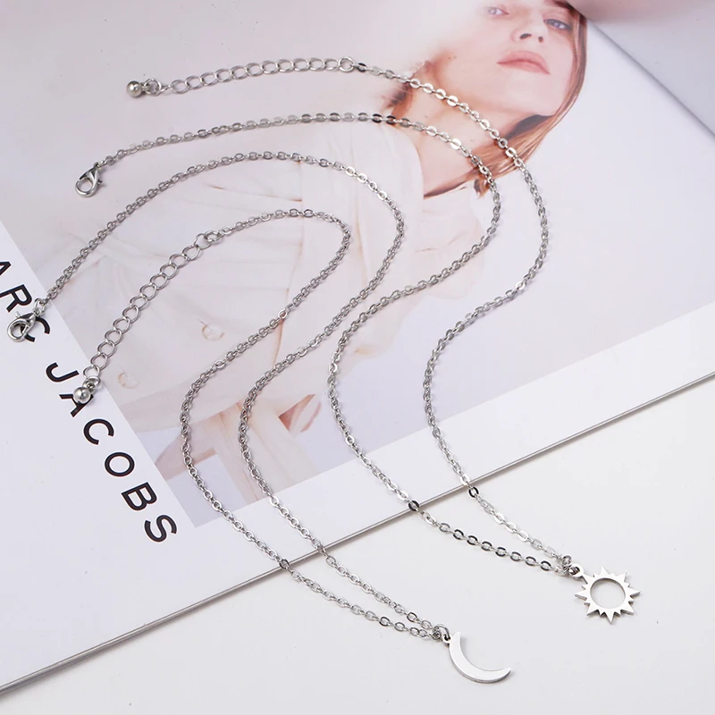 2 Pcs/Set Stainless Steel Silver Color Sun Moon Necklace For Best Friends Friendship Jewelry Gifts