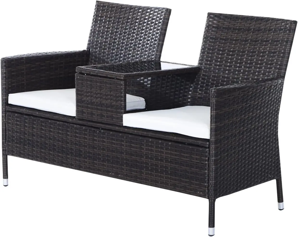 Garden Rattan 2 Seater Companion Seat Wicker Love Seat Weave Partner Bench w/Cushions Patio Outdoor Furniture (Brown)