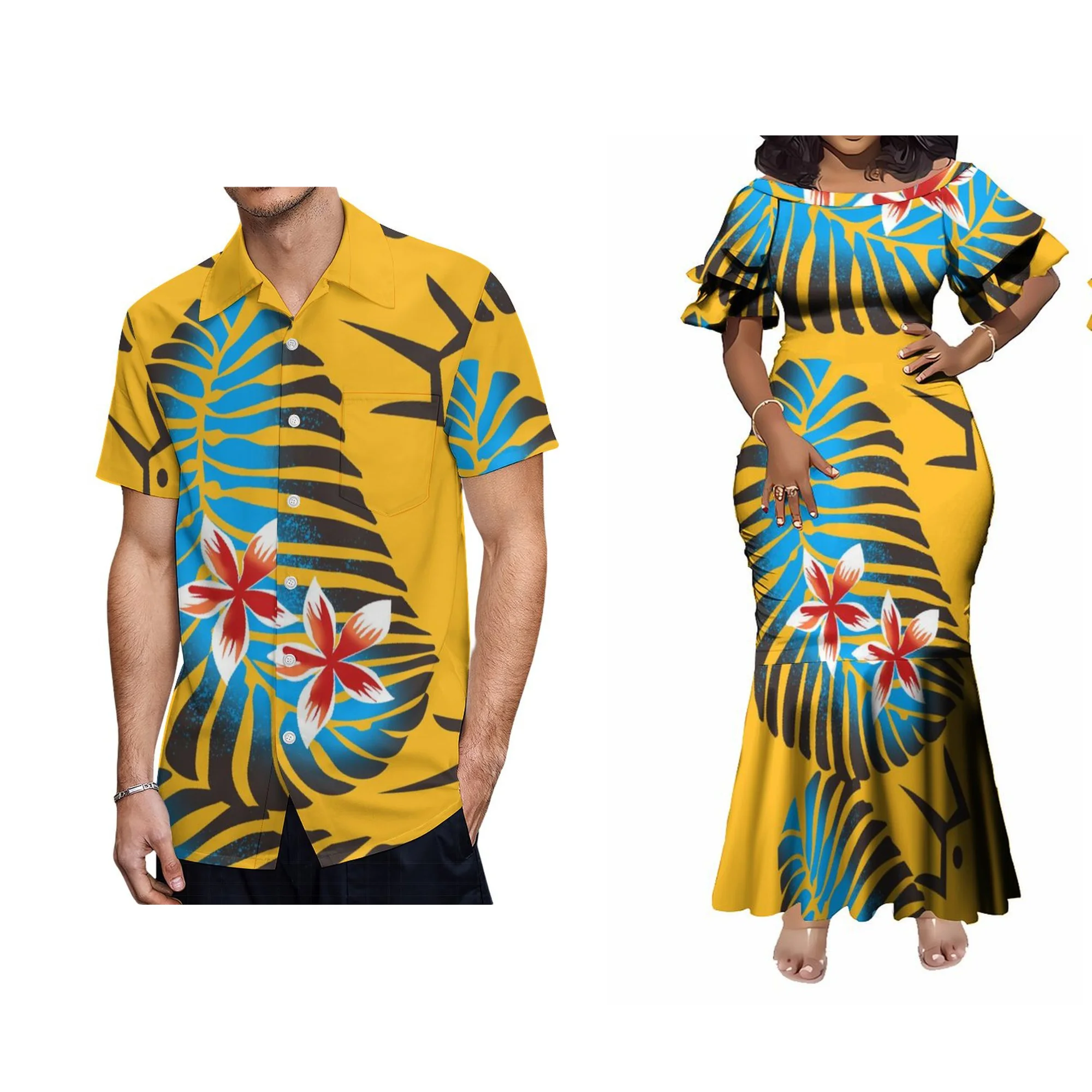 Nova fábrica atacado personalizado havaí impressão senhoras vestido tripulação pescoço dupla camada plissado manga sereia vestido