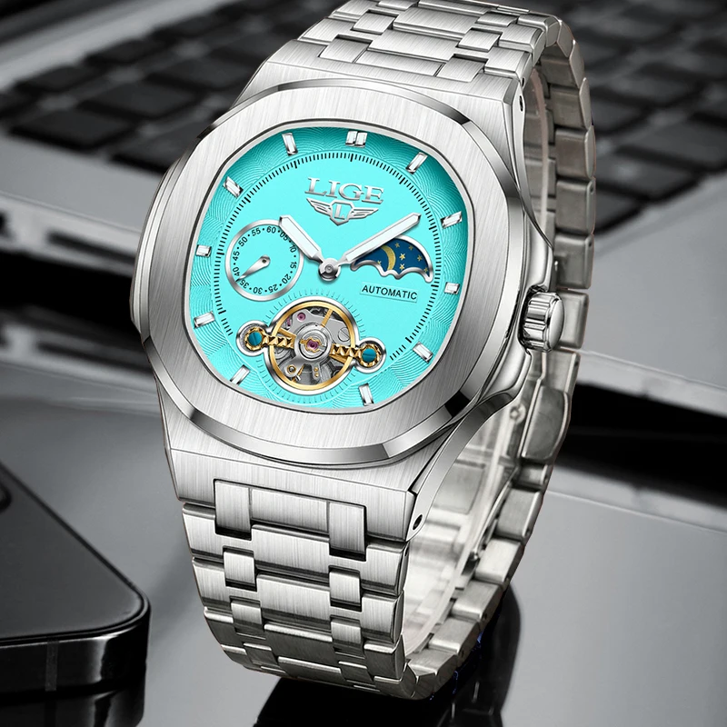 LIGE Top Brand Luxury Mechanical Man Watch Business Classic Fashion Stainless Steel 24H Moon Phase Automatic Watches for Men+Box