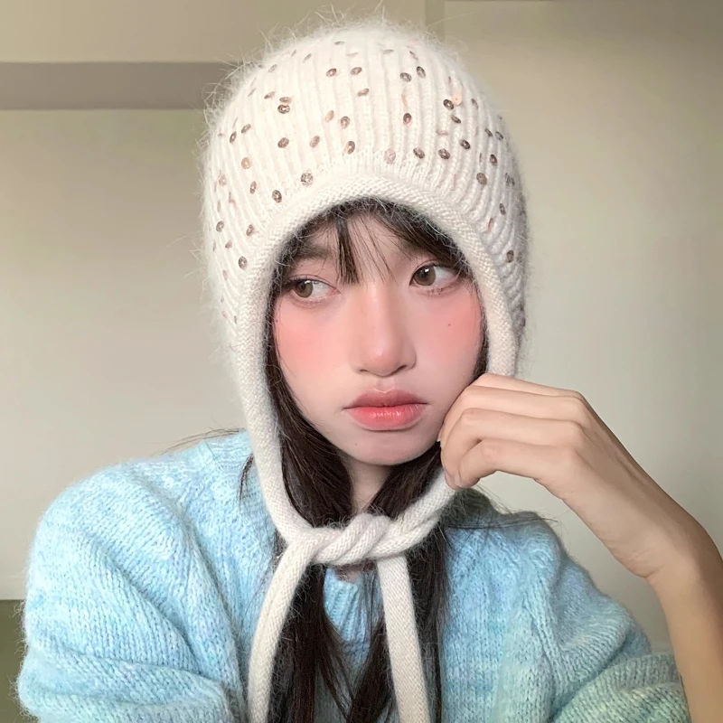 

Korean Retro Sequined Knitted Strap Beanies Y2K Autumn and Winter Warm Ear Protection Versatile Artistic Pullover Hats Women