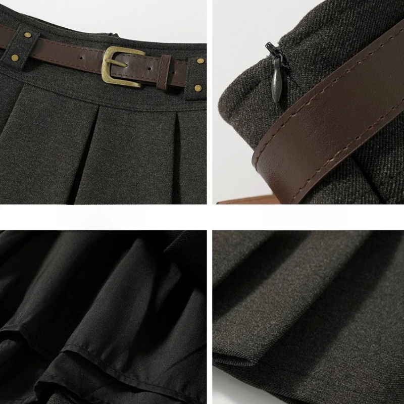 Séoulish automne hiver taille haute laine femmes plissées patineuse Mini jupes Vintage a-ligne Sexy Mini jupes femme 2025 nouveau