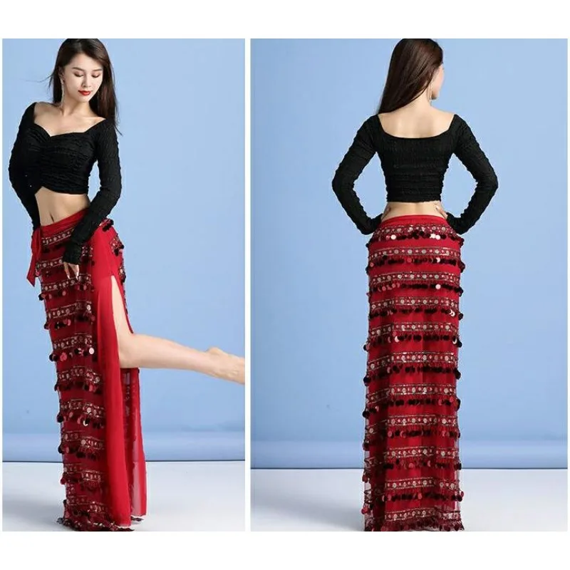 The new belly dance slit skirt, tassel hip scarf, belly dance performance table, drill uniform, bottoms, thin waist scarf