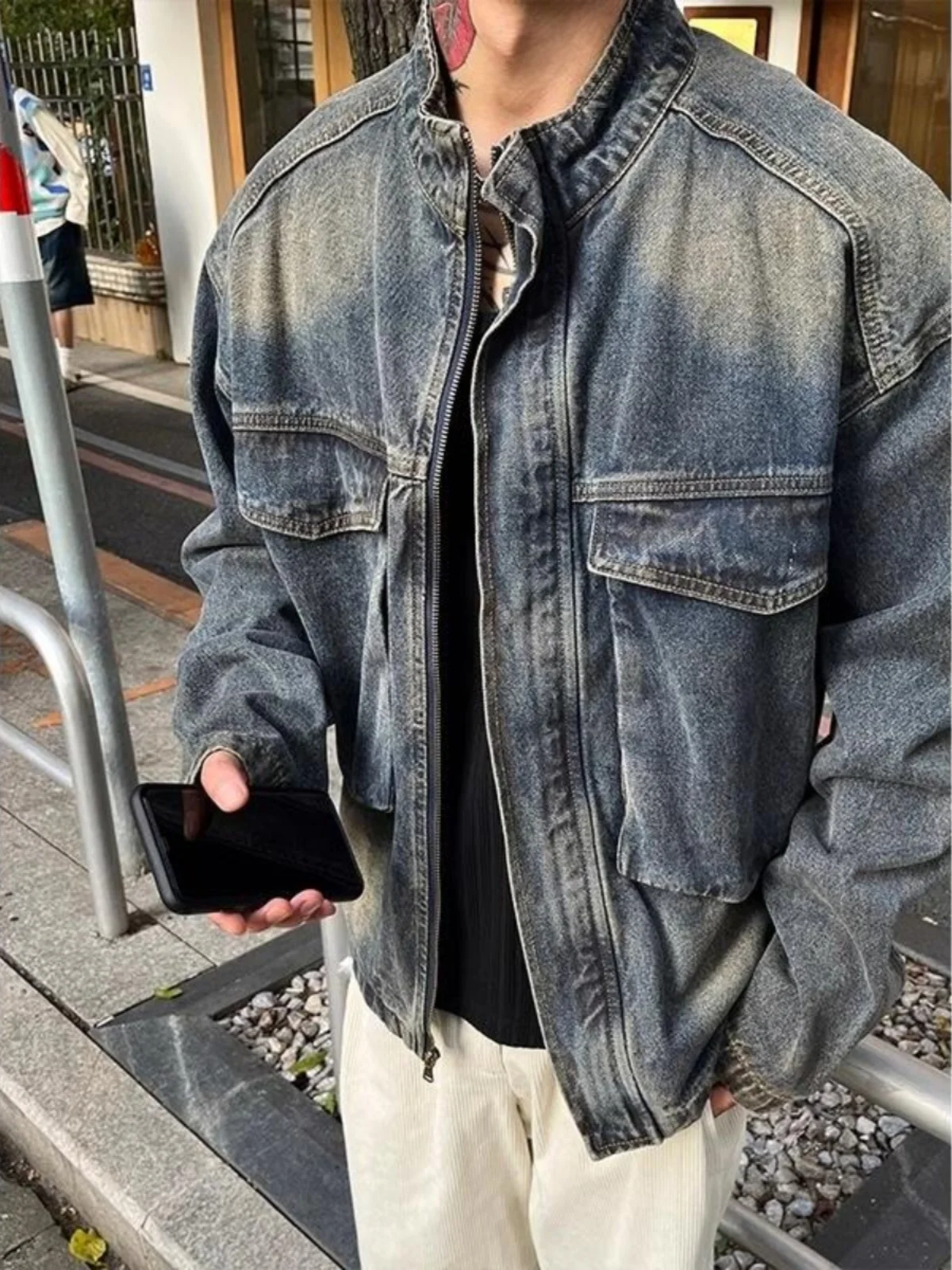 

Autumnal adient Retro Blue Men's Denim Jaet Casual Zipper Coat with Big kets Stand Collar Trendy Youth Faion