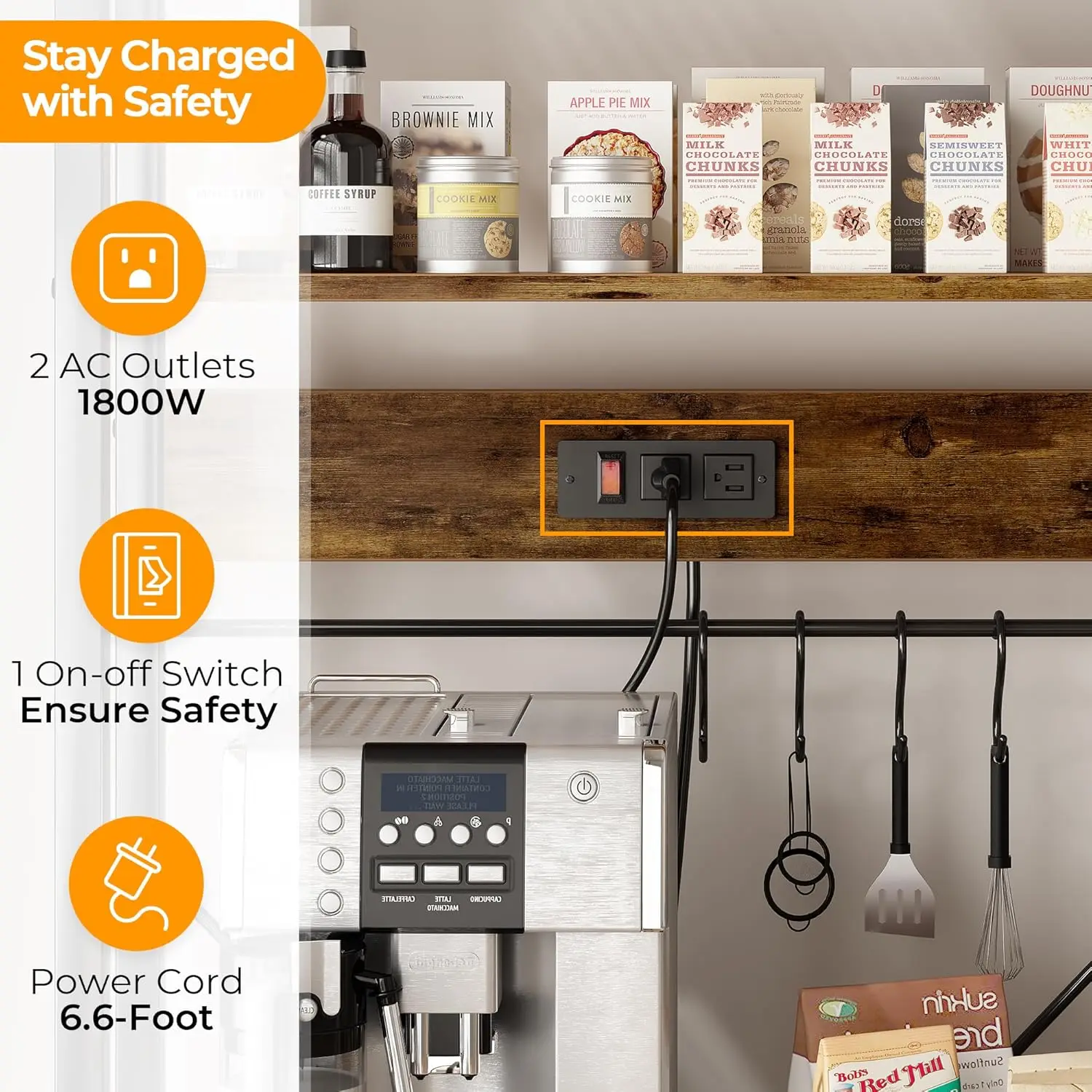 Large Bakers Rack with Power Outlets, 6-Tier Microwave Stand, Coffee Bar with 12 S-Shaped Hooks, Kitchen Shelf with Wire Basket,