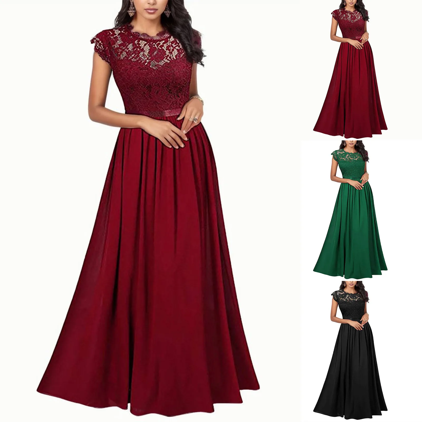 Neue 2024 Damen elegante Spitze langes Kleid A-Linie O-Ausschnitt ärmellose boden lange Kleid Kleid Abend party Geburtstags kleid Vestidos