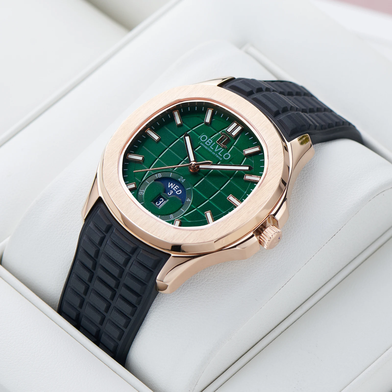 OBLVLO Men's Fashion Square Watch Rose Gold Green Dial Automatic Moonphase Date Luminous Hands Transparent Movement FM