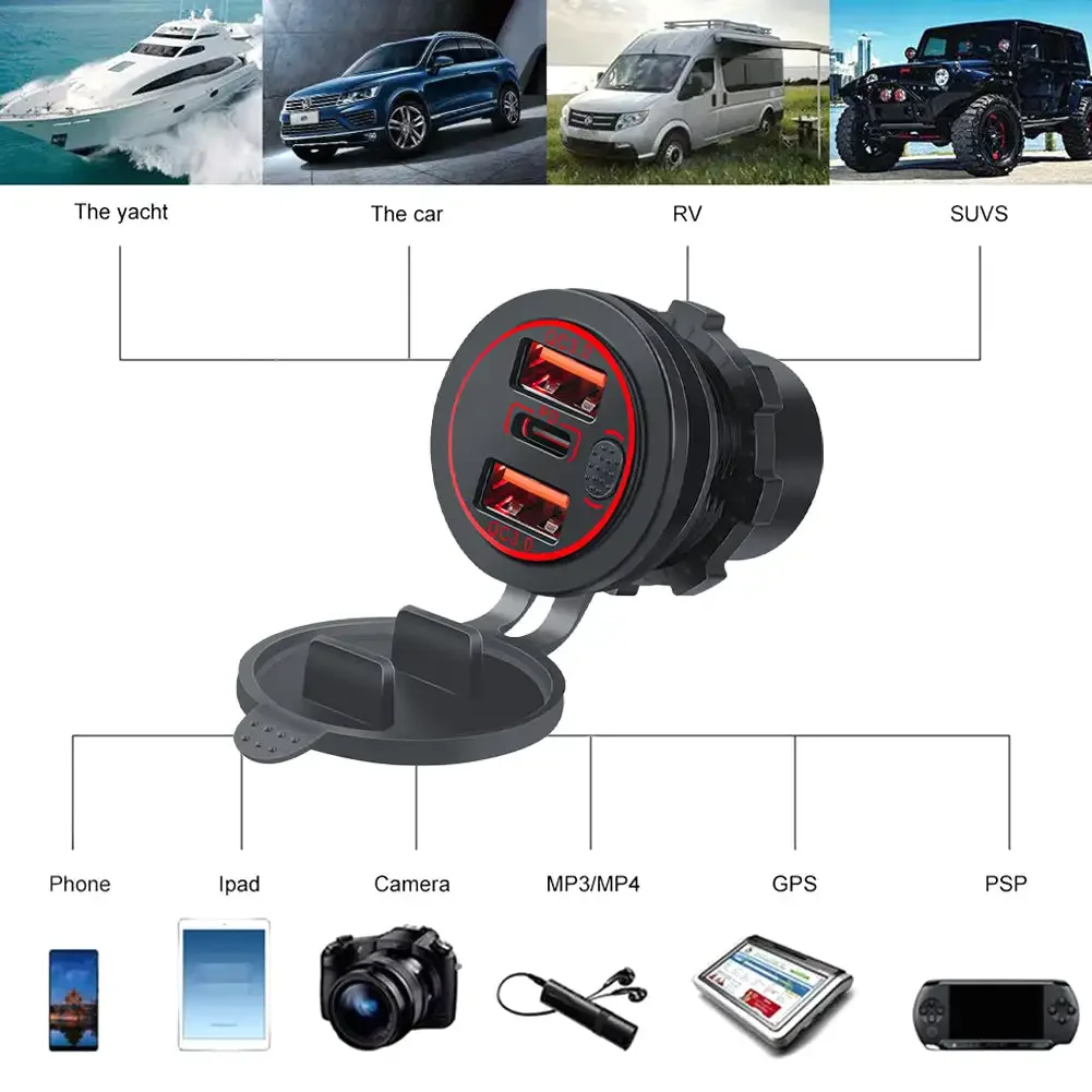 100W Dual QC 3.0 USB PD Type C Three Outlet Car Phone Cell Phone Charger Adapter with Button Switch Waterproof for Car Boat RV