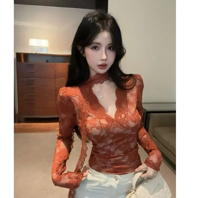 Frauen Frühling Sexy Spitze V-ausschnitt Shirt Top Chic Slim Fit Y2K Reine Verführerische Stil Shirt Top