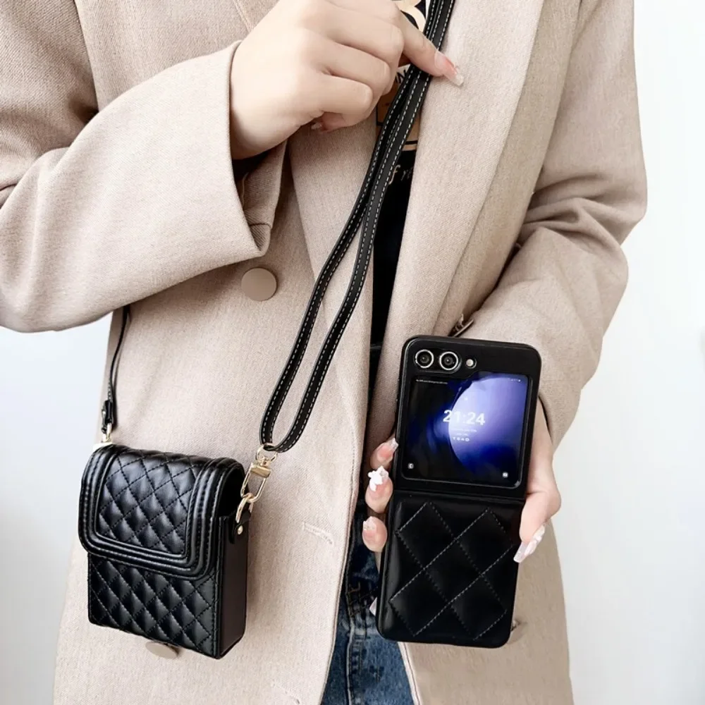 2 In 1 Lattice Pu Leather Crossbody Bag For Samsung Galaxy Z Flip 5 4 3 Flip3 Flip4 Flip5 5g Shoulder Pouch Strap Phone Case Fun