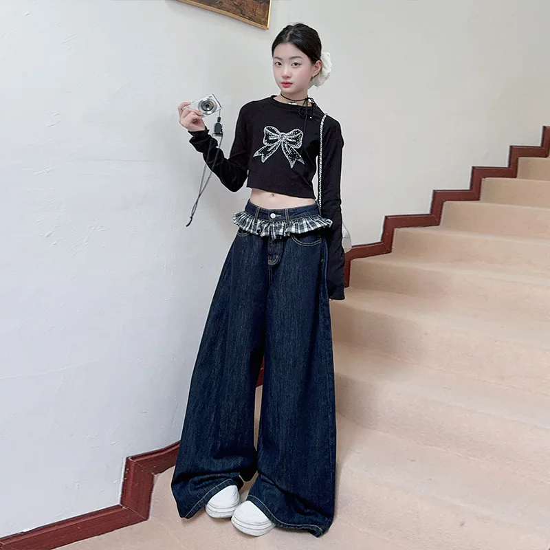 

Осенний комплект одежды для уличных танцев в стиле хип-хоп для девочек-подростков, футболка с бантом и кружевными джинсами, костюм из 2 предметов для маленьких детей, детская одежда