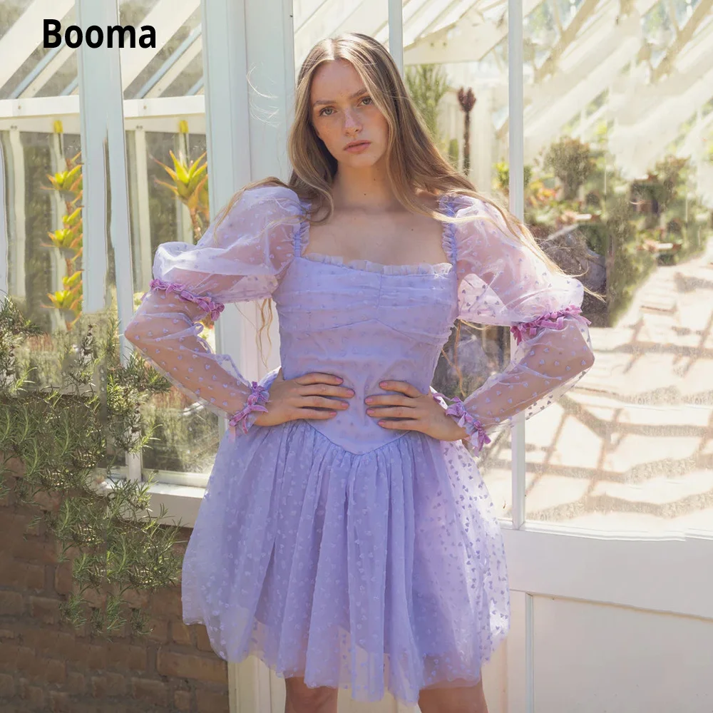 

Booma Lavender Hearty Tulle Mini Prom Dresses Square Neck Long Sleeves Above Knee Party Dresses Basque Waist A-Line Prom Gowns