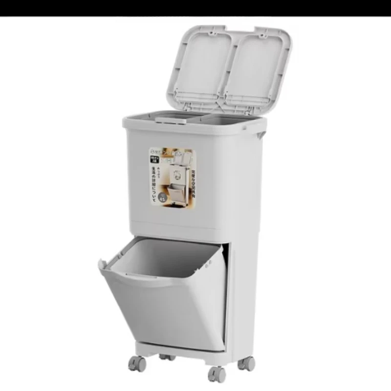 Double Layer Dry Wet Separation Foot-Pedal Trash Can PP Plastic Pressable Lidded Sorting Waste Bin for Kitchen Household Use