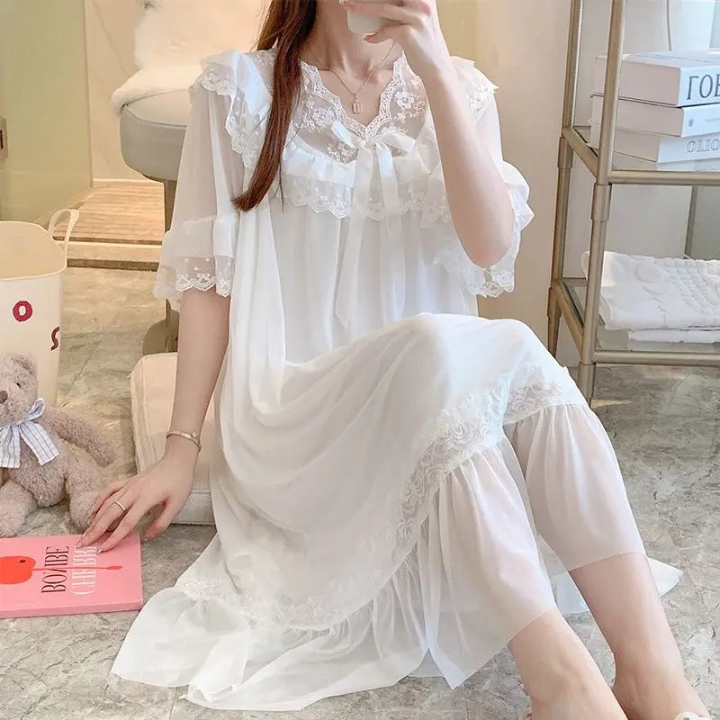 

Сетчатые пижамы для женщин, весна-лето, кружевные с короткими рукавами в стиле принцессы, новая ночная рубашка средней длины, домашняя одежда, платья, ночные рубашки