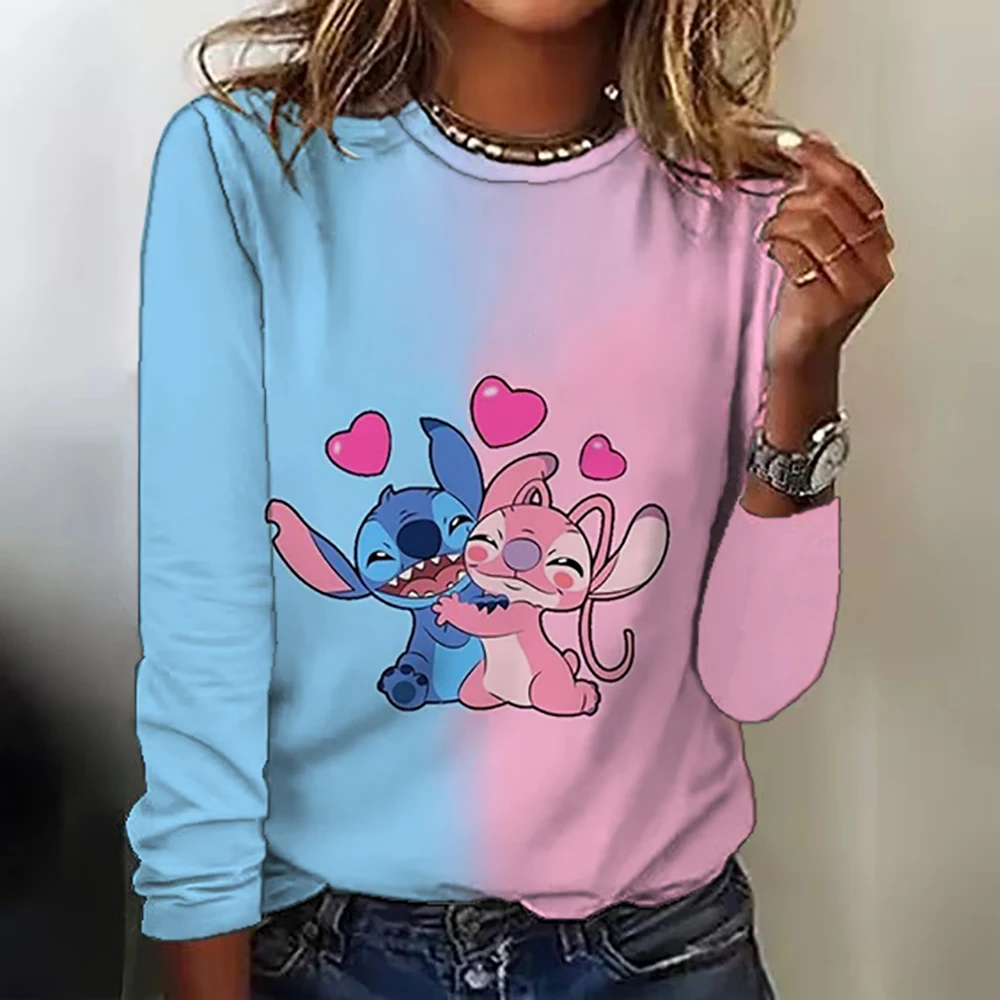 

Kawaii Lilo Stitch Print T-shirts Tops for Women Lady AutumnChildren T-shirts Casual O-neck Ohana Stitch Disney T-shirts