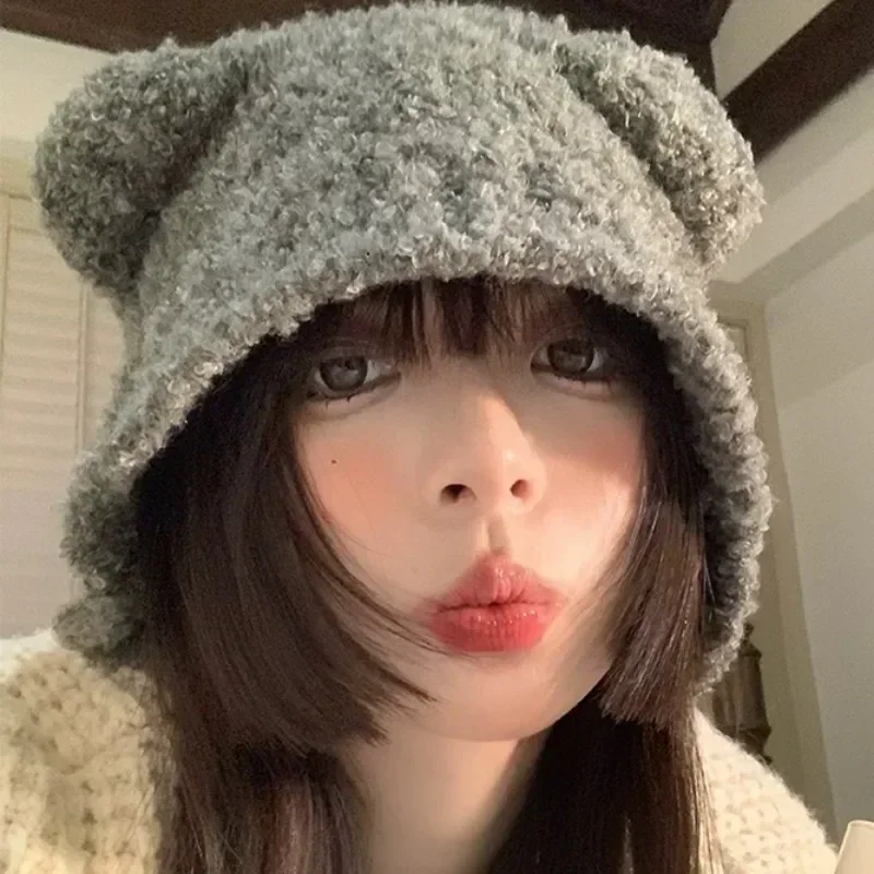 

Cute Bear Ear Hats Winter Women Girls Warm Comfortable Knitted Wool Hats Solid Color Daily Versatile Caps Fashion Accessories