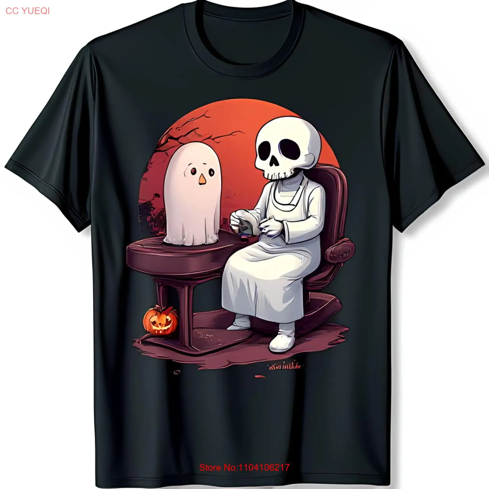 

Whimsical Halloween Skeleton & Tea Party Black T-Shirt with