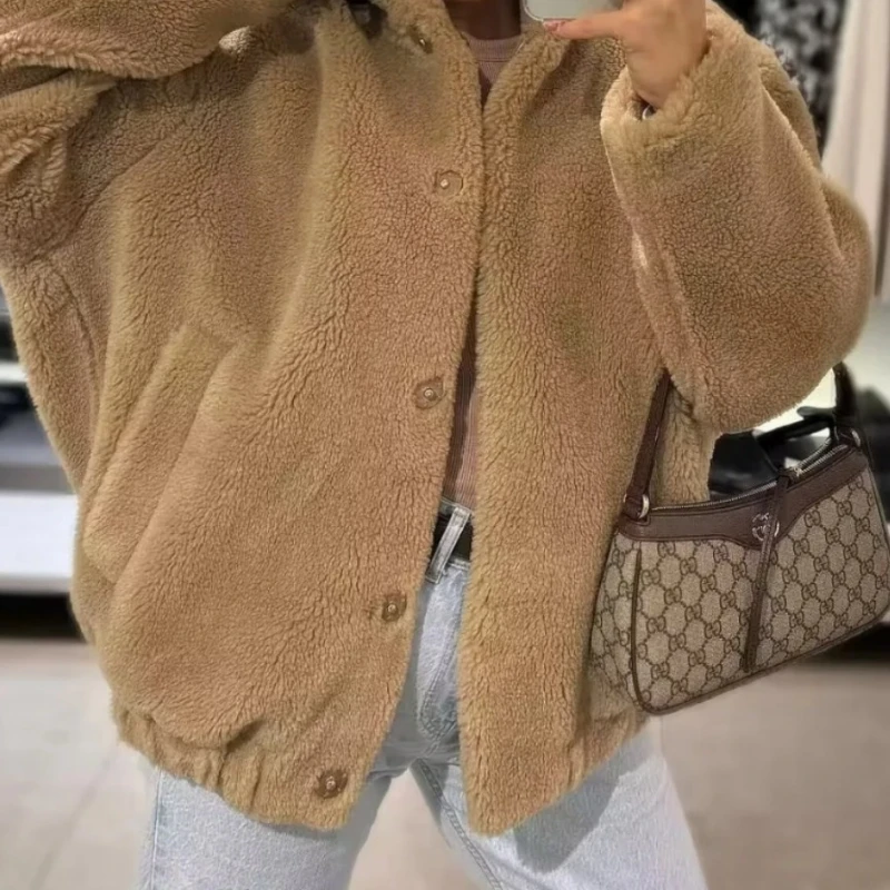 2025, neue einfarbige Fleece-Thermo-Fliegerjacke, Wolljacke für Damen