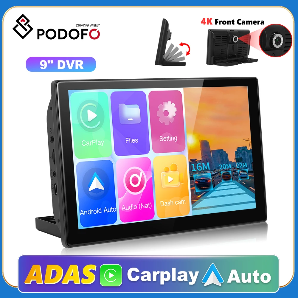 

Podofo 9" Carplay Portable Smart Player Suppport Rear Camera Supports Android Auto/CarPlay With 4K Foward Camera Dash Cam