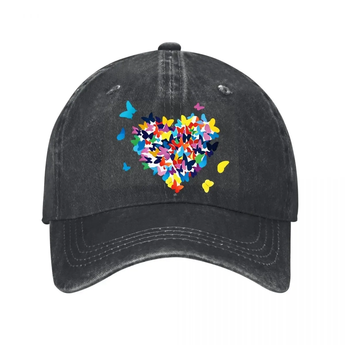 Colorful Butterfly Heart Washed Baseball Cap Adjustable Denim Sun Hat for Unisex
