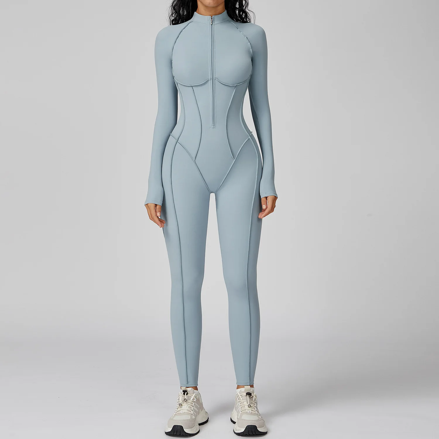 Women Yoga Jumpsuit Long Sleeve Zipper Stand Collar Bodysuit Fitness Workout Gym Tracksuit Tummy Control Butt Lifting Sportswear