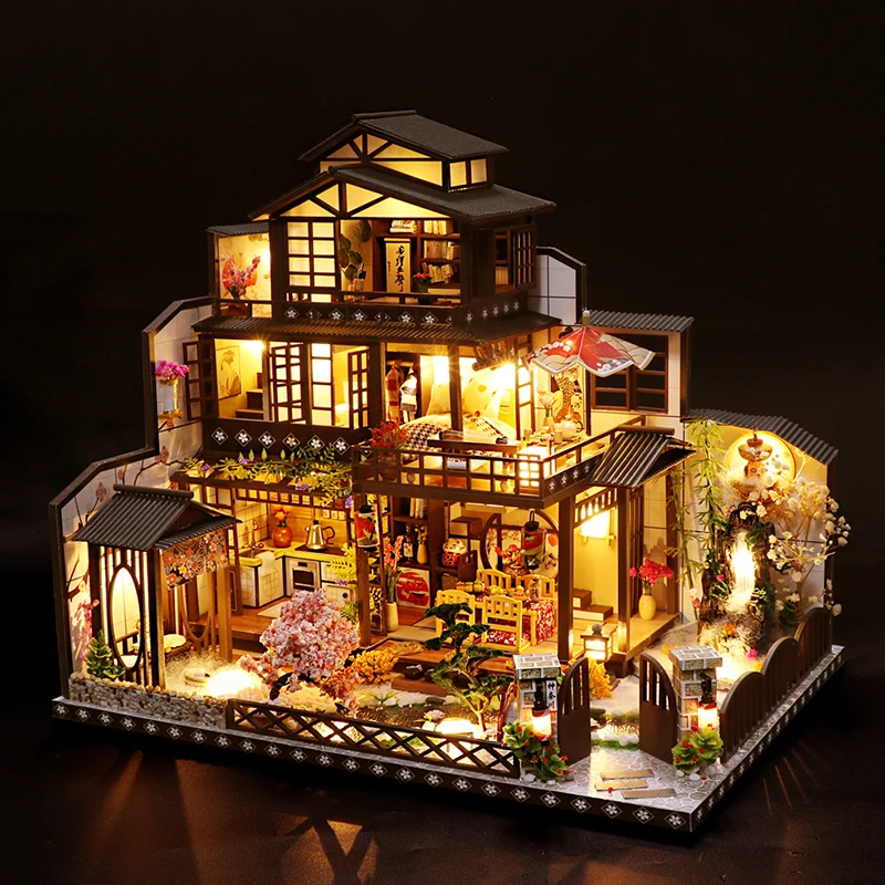 DIY Wooden Doll Houses Japanese Casa Miniature Building Kits with Furniture Led Large Villa Dollhouse for Adults Birthday Gifts