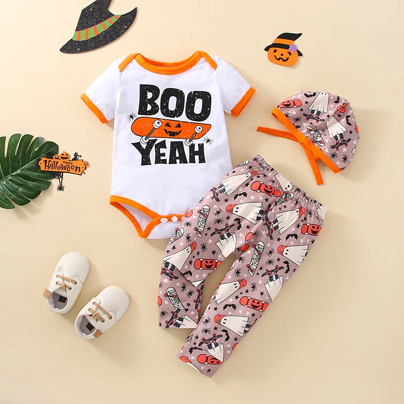 3Pcs Baby s Clothes Set Halloween Pumpkin Print Long Sleeve Romper and Pants Cap for Fall Festivities