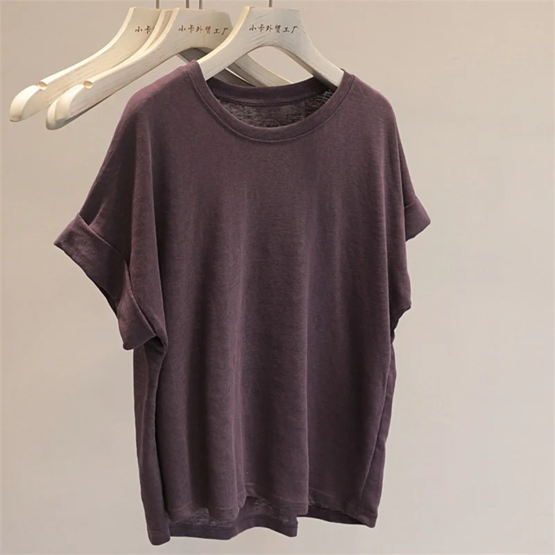 Summer Thin Cotton Linen Plane Sleeve T-Shirt Women's Loose Fit Roll  Small Fly Sleeve Top Korean Style Commute Fashion