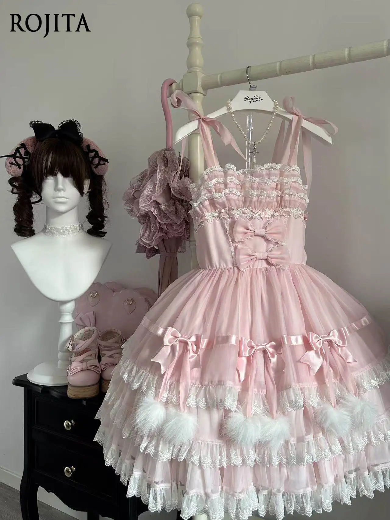 Women's Sweet Lolita Tiered Lace JSK Dress with Feather Pom-Pom Bows Cute Lolita Dress Gauze Skirt White Lolita Dress view 2