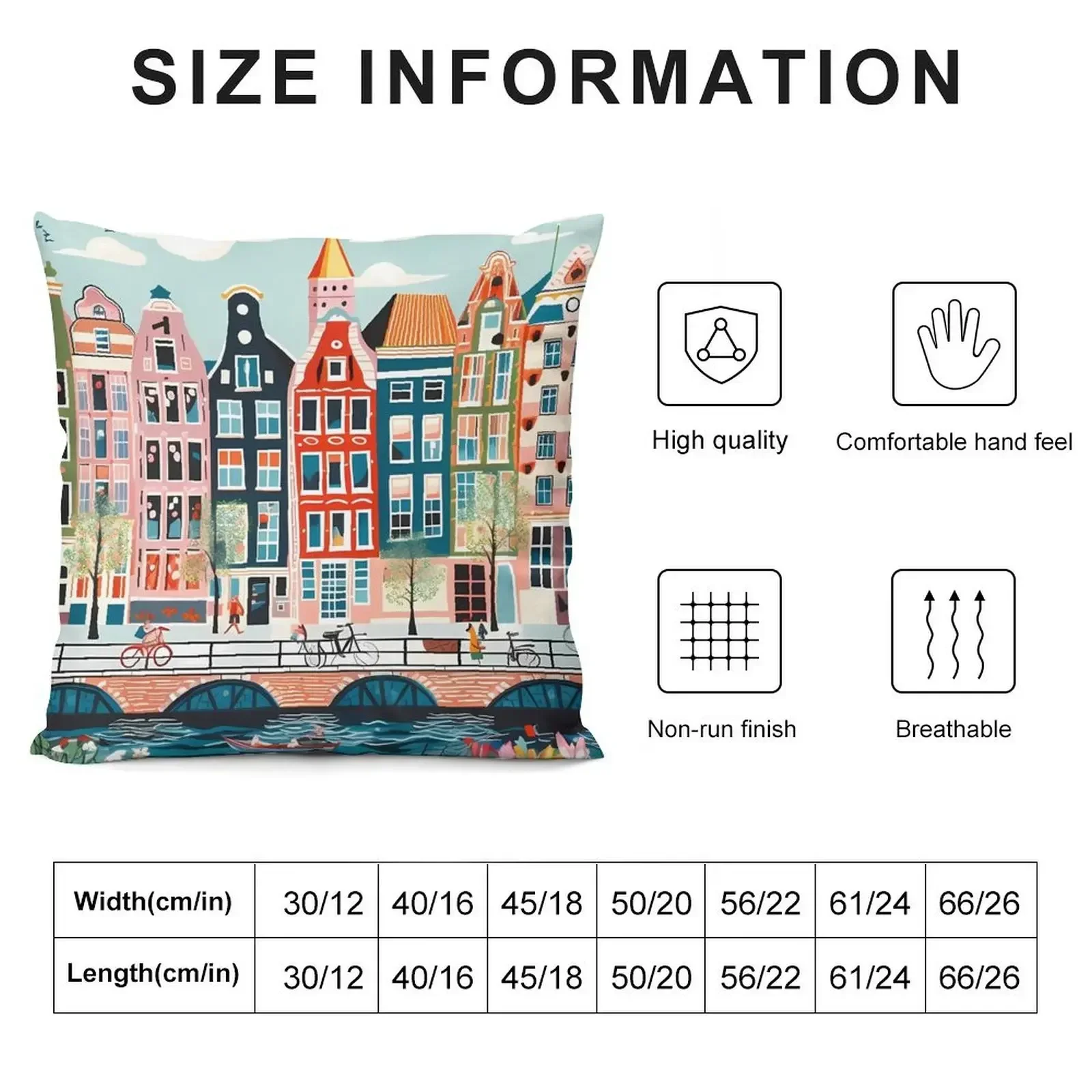 Amsterdam Canal Poster - Colorful Houses and Buildings Illustration Throw Pillow Decorative Cushion Cover pillow