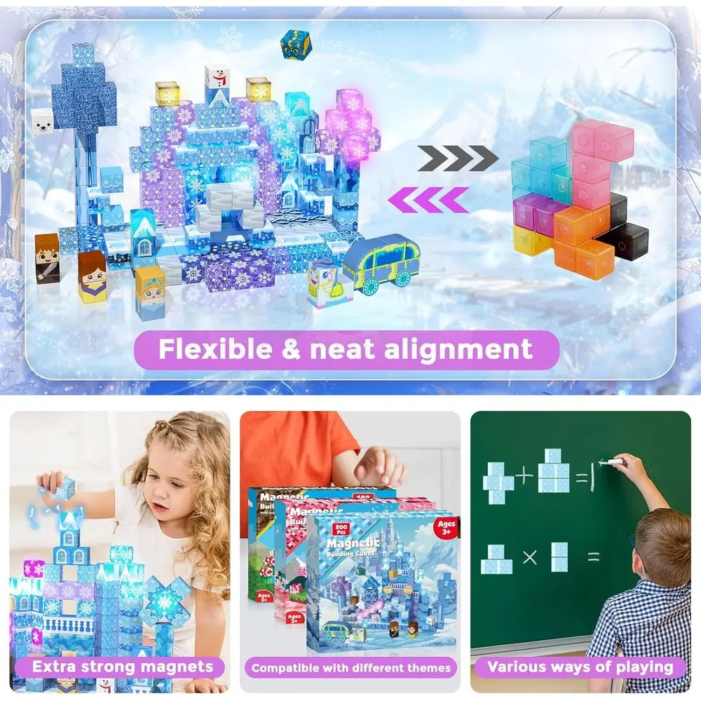 Illuminated Magnetic Building Blocks Set - 200 Pieces, Transparent for Kids 3+, Blue Castle Theme, Ideal Gift for Ages 4-12