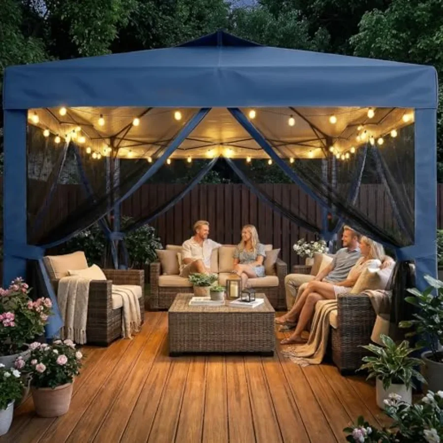 10x10 Pop Up  Tent with NettingOutdoor Portable  Folding Gazebo with 4 Ropes 4 Sandbags and Wheeled Storage Bag 3 Height Positi
