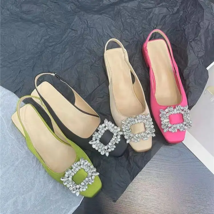 Summer New Women Rhinestone Slingbacks Shoes Green Rose Red Woman Square Toe Slip-on Girls Fashion Silk Comfortable Flats