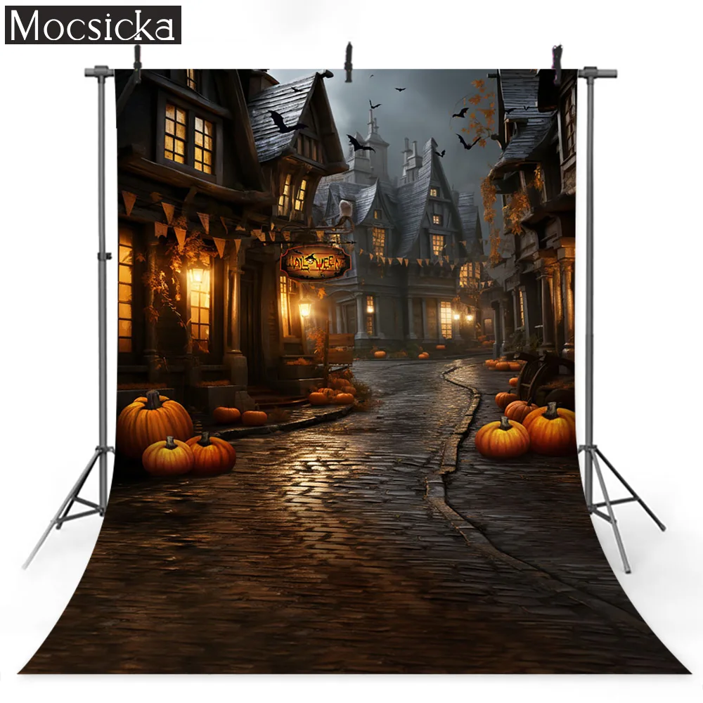 

Mocsicka Halloween Street Pumpkin Backdrop Pumpkin Lights Bat Decoraiton Backgrounds for Photography Kids Portrait Photocall