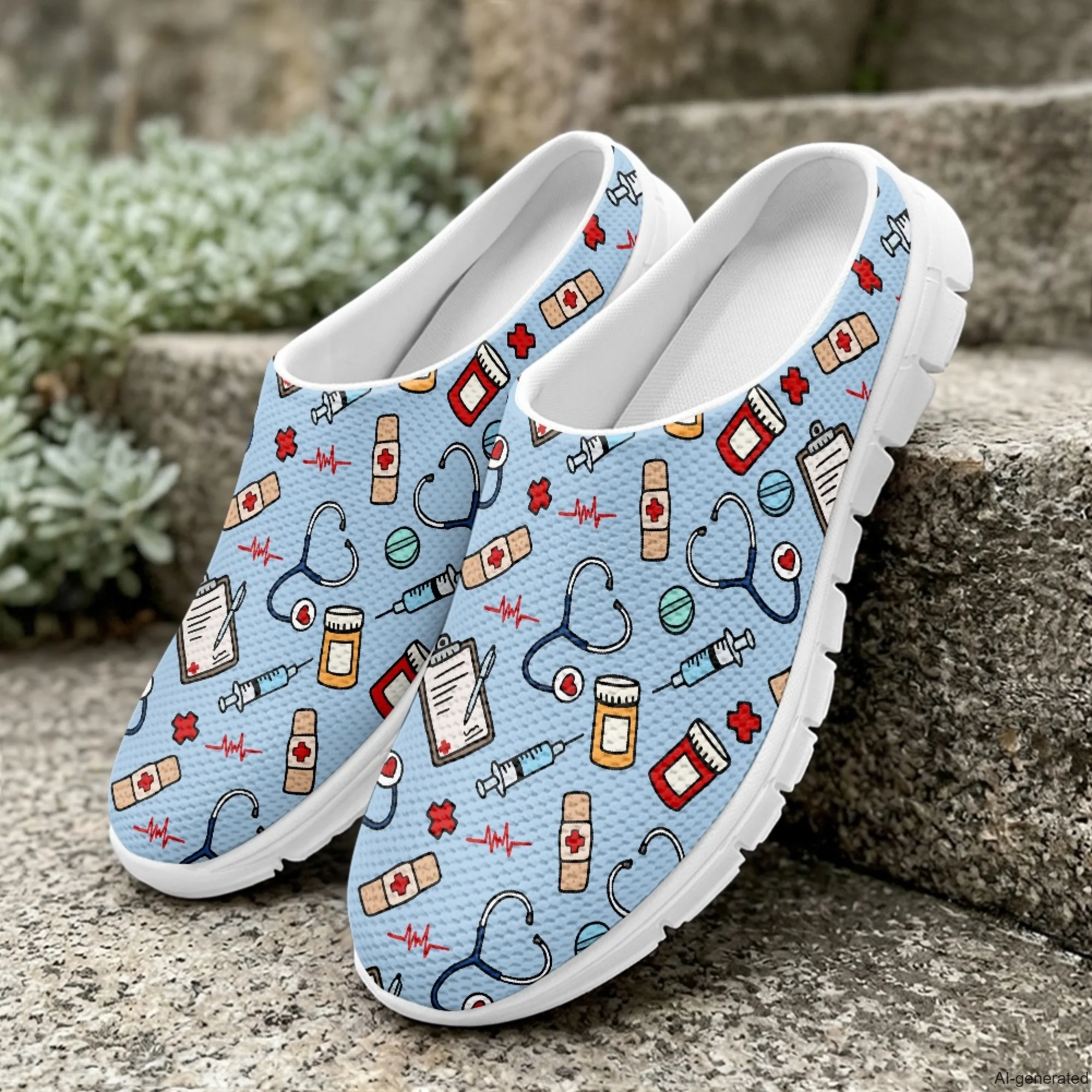 

XIXIRIMIDO Casual Shoes Medical Pattern Nurse Shoes Versatile Sports Women's Slippers Breathable Mesh Men's Walking Shoes 35-48