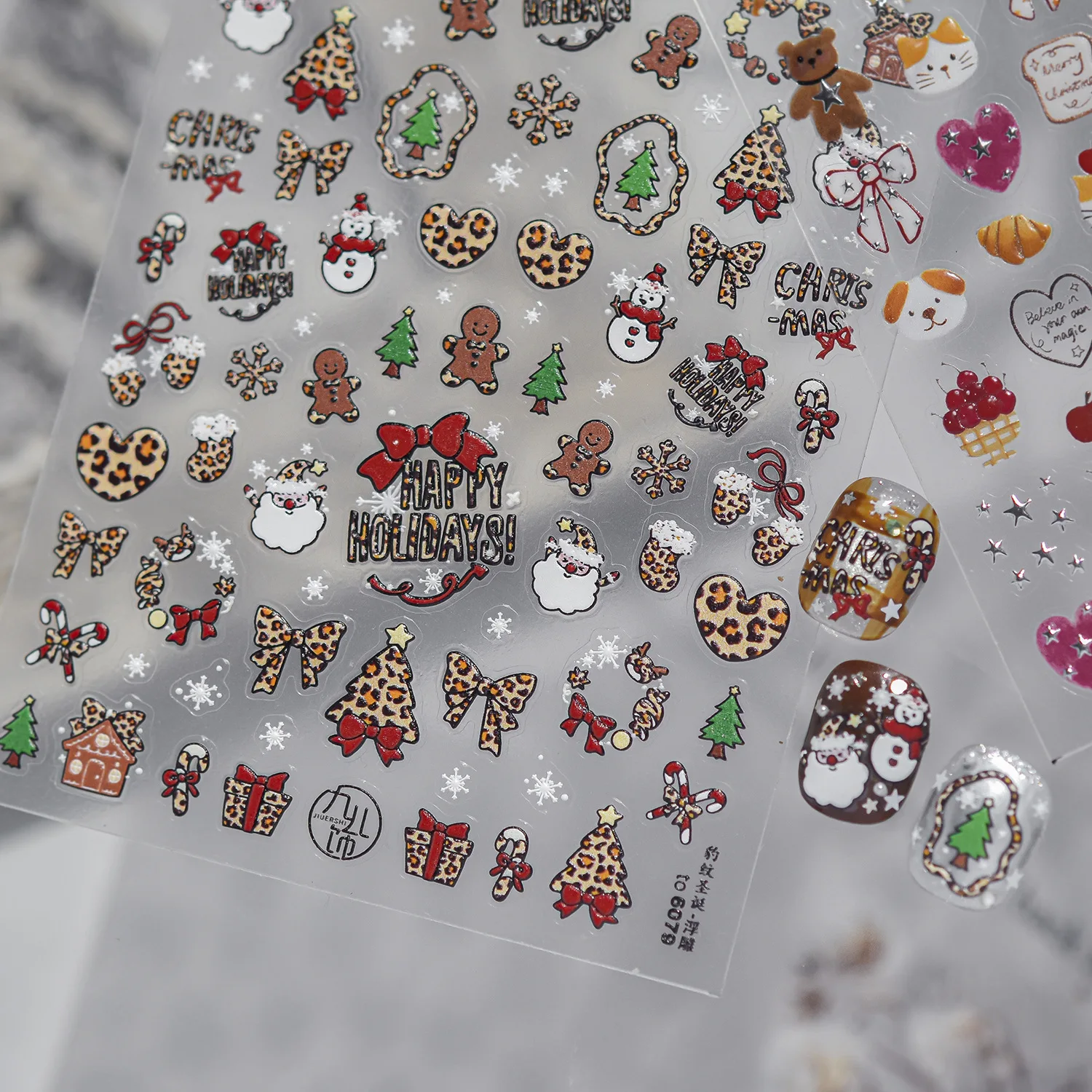 Nail Art Xmas Design - 크리스마스 트리 레오파드 프린트 리본 나비