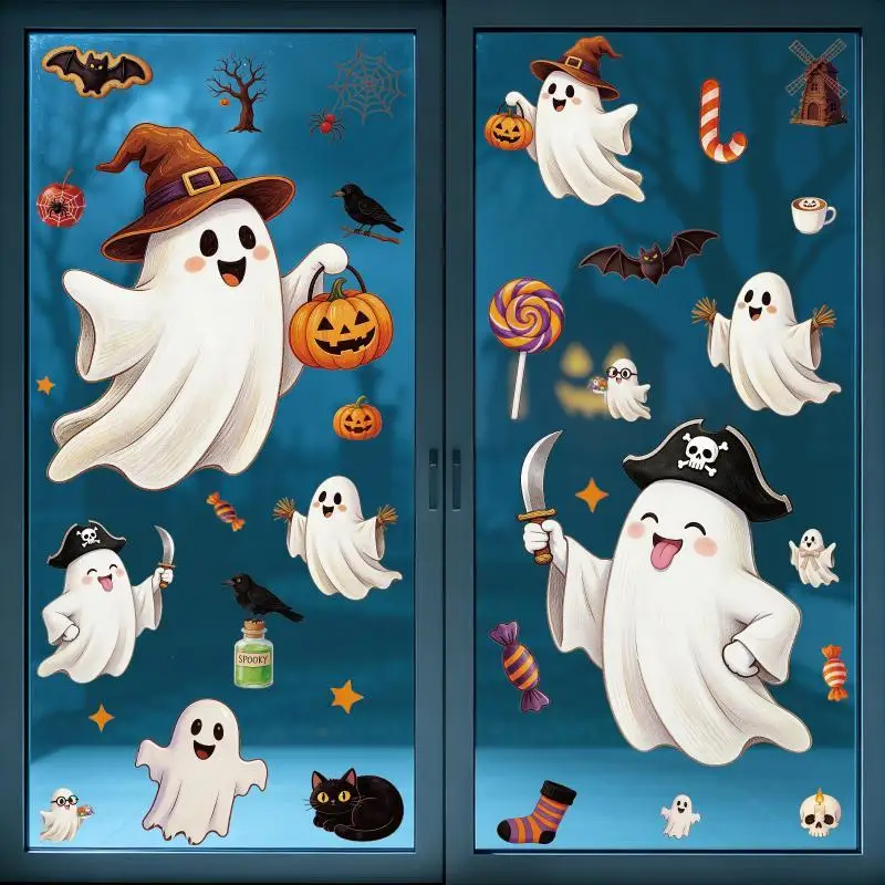 【MA】1/2 Sheets Cute Halloween Ghost Window Stickers Removable Vivid Print For Home Party Holiday Decor
