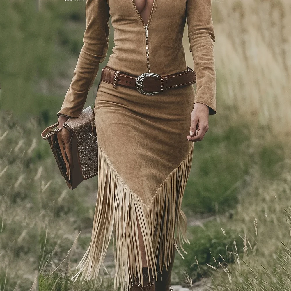 Western Cowgirl Vintage femmes gland tenue décontractée solide revers fermeture éclair manches longues taille haute rétro extérieur femme robes mi-longues