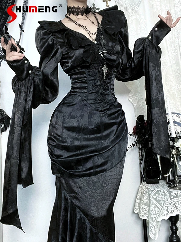 

Halloween Costumes Dark Subculture Hot Girl Set Long Sleeve Single-Breasted Shirts High Waist Slim Fit Bodycon Long Skirts Women
